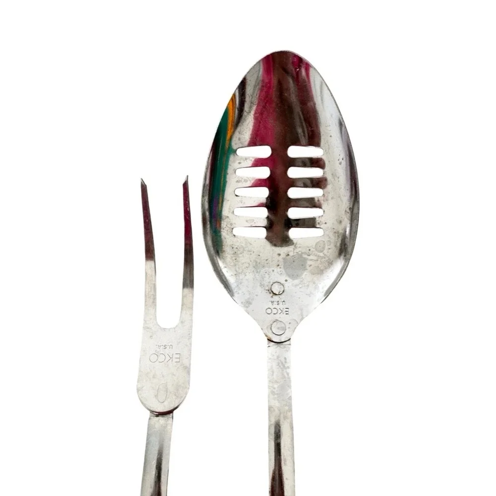 Vintage Ekco USA Slotted Spoon and Meat Fork Set Floral MCM Languages Handles